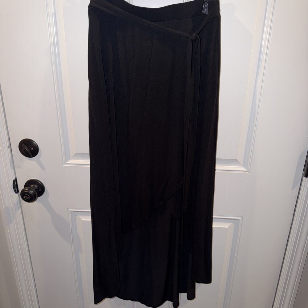 A New Day Flowy Open Front Faux Wrap Elastic Tie Waist Skirt Hi Lo Black Sz L